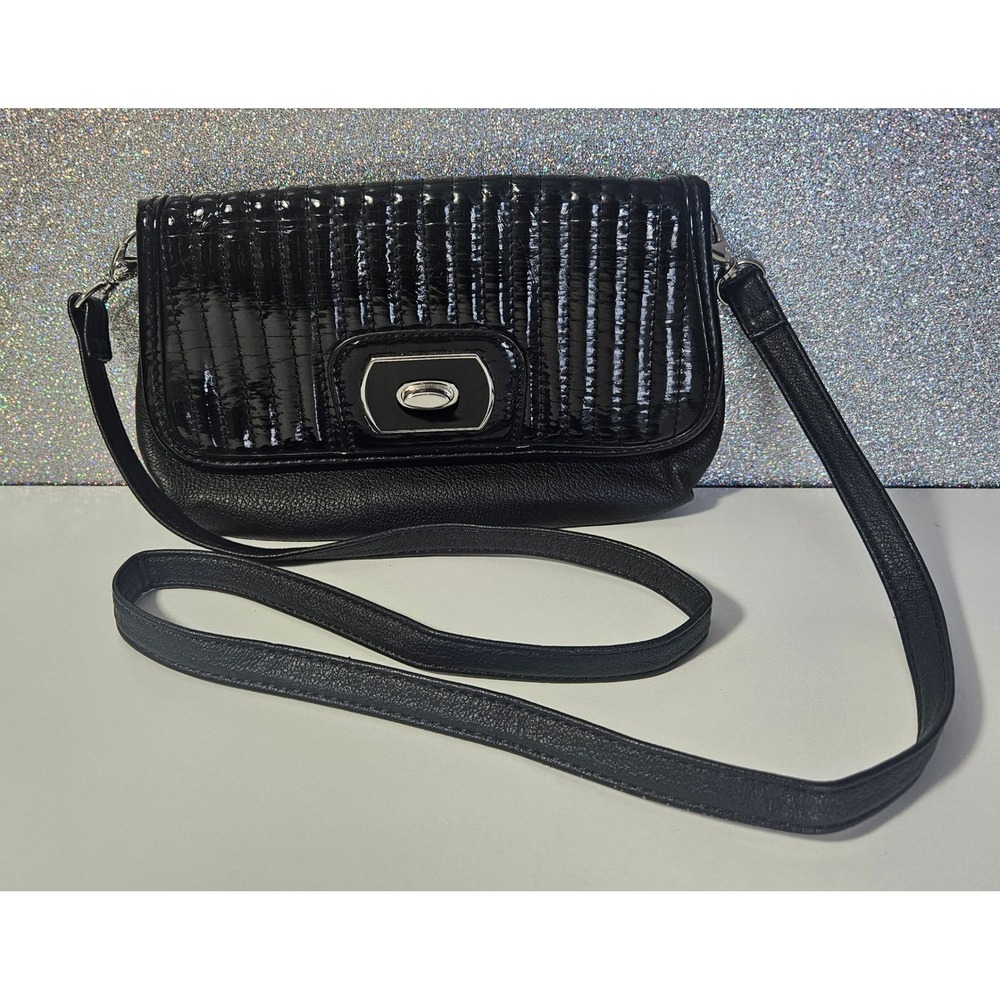 Grace Adele Black Patent Quilted Flap Crossbody Bag Floral Chic‎ Clutch NWOT